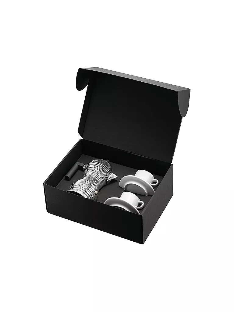 ALESSI | Macchina per espresso - Set con 3 tazzine in alluminio / porcellana | Argento