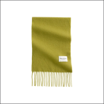 Ein hellgrüner Schal mit weicher Struktur, mit langen Fransen an einer Kante und einem weißen rechteckigen Etikett, das in der Nähe des unteren Randes aufgenäht ist. Der Schal wird vor einem schlichten weißen Hintergrund präsentiert.