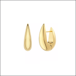 Ein Paar goldener tropfenförmiger Ohrringe ist auf weißem Hintergrund dargestellt, wobei ein Ohrring geschlossen und der andere geöffnet ist, um den Verschlussmechanismus zu zeigen.