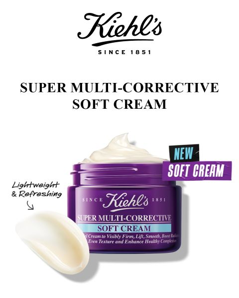 Un contenitore color lavanda di Kiehl's Super Multi-Corrective Soft Cream con una noce di crema sopra. Accanto a un campione di crema c'è scritto "Leggera e rinfrescante". Accanto a "Soft Cream" c'è un'etichetta "Nuovo".