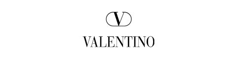 Testo nero su sfondo bianco che mostra il logo Valentino, con una lettera "V" stilizzata sopra la parola "VALENTINO" in maiuscolo.