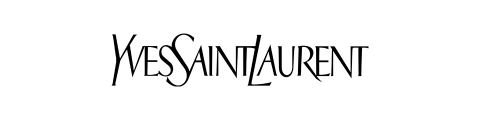 Logo testuale nero di "Yves Saint Laurent" in un carattere distintivo e stilizzato su sfondo bianco.