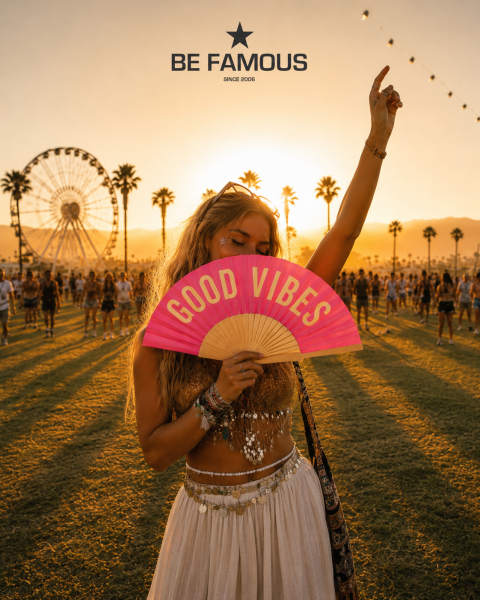 Una donna a un festival tiene in mano un ventaglio rosa con scritto „GOOD VIBES“, sullo sfondo si vedono una ruota panoramica, palme e un tramonto. In alto c'è la scritta „BE FAMOUS“.
