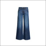 Ein Paar blaue Denim-Jeans mit hoher Taille und weitem Bein, abgebildet vor einem schlichten weißen Hintergrund.