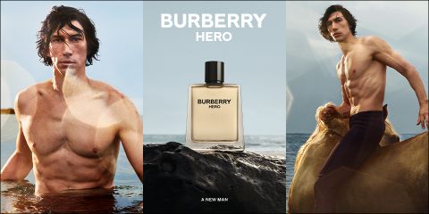 Una pubblicità trittica per Burberry Hero mostra un uomo senza camicia nel mare, la bottiglia di profumo su una roccia al centro e lo stesso uomo a cavallo sulla spiaggia. Guarda in lontananza, trasmettendo un senso di avventura e forza.