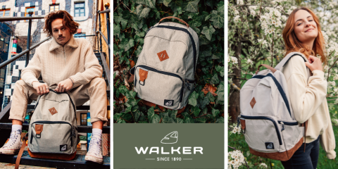 Tre immagini con uno zaino beige con accenti marroni: una persona seduta su una scalinata con lo zaino, lo zaino appoggiato su foglie di edera e un'altra persona in piedi in un giardino che lo tiene in mano. Sotto si vedono un logo e "Walker Since 1890".