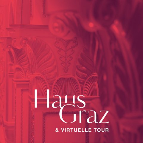 Immagine astratta con una sovrapposizione rossa che mostra dettagli architettonici artistici di colonne classiche. In basso, in lettere bianche, si legge "Haus Graz & Tour Virtuale".