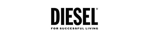 Logo in bianco e nero del marchio "Diesel" con lo slogan "For Successful Living" sotto in caratteri più piccoli.