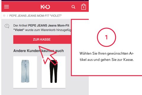 È stato aggiunto al carrello PEPE JEANS Jeans Mom-Fit ‚Violet‘. Un pulsante rosso con la scritta "VAI ALLA CASSA" è evidenziato. Il testo recita: "Seleziona l'articolo desiderato e vai alla cassa."