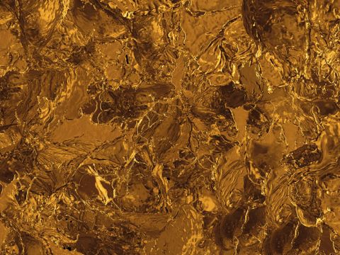 Immagine astratta con una superficie complessa e strutturata dall'aspetto metallico dorato. Gli intricati motivi e i riflessi creano un senso di profondità e movimento, che ricorda il metallo fuso o un paesaggio dorato scintillante.