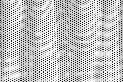 Un tessuto con un motivo a pois bianchi e neri forma delle onde delicate. I pois sono distribuiti uniformemente, creando una texture uniforme su tutto il materiale. Ombre e luci accentuano le pieghe, conferendo alla superficie un aspetto tridimensionale.