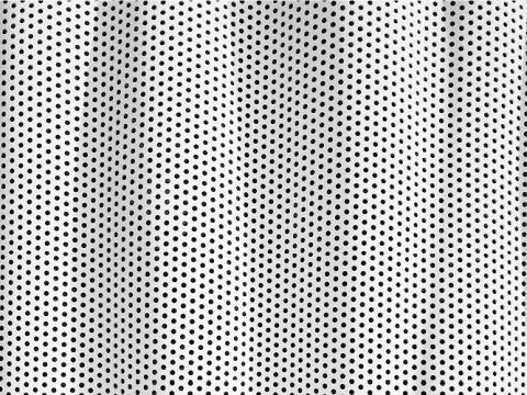 Un tessuto con un motivo a pois bianchi e neri forma delle onde delicate. I pois sono distribuiti uniformemente, creando una texture uniforme su tutto il materiale. Ombre e luci accentuano le pieghe, conferendo alla superficie un aspetto tridimensionale.