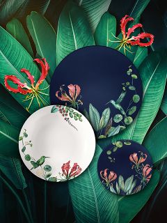 Tre piatti decorativi con motivi di colibrì e fiori sono disposti su grandi foglie verdi con fiori rossi sullo sfondo.