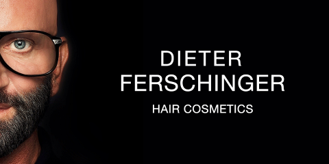 Primo piano di una persona con gli occhiali su sfondo nero. In bianco si legge "Dieter Ferschinger Haarkosmetik".