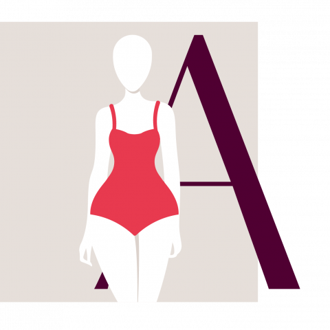 Illustrazione di un manichino senza volto in costume da bagno rosso in piedi di fronte a una grande lettera viola "A" su sfondo beige.