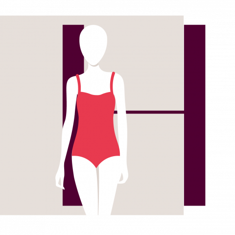 Illustrazione di un manichino che indossa un costume da bagno rosso su uno sfondo geometrico con forme beige e viola scuro. La figura è senza volto e minimalista, enfatizzando il design del costume da bagno.