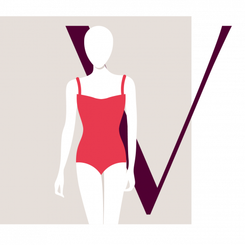 Illustrazione di un manichino in costume da bagno rosso di fronte a una grande lettera viola "V" su sfondo grigio.