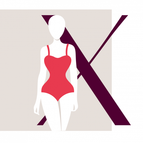 Illustrazione di un manichino senza volto che indossa un costume da bagno rosso. La figura si trova di fronte a una grande lettera "X" stilizzata su uno sfondo rettangolare beige. Il design è minimalista e orientato alla moda.