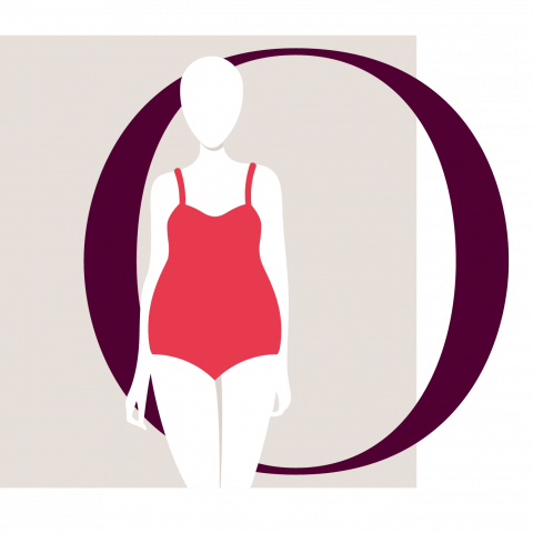 Illustrazione di una figura senza volto in costume da bagno rosso di fronte a una grande lettera "O" viola scuro su sfondo beige.