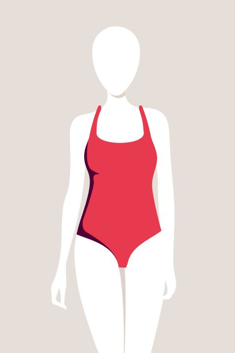 Illustrazione minimalista di una figura senza volto che indossa un costume da bagno rosso su uno sfondo neutro.