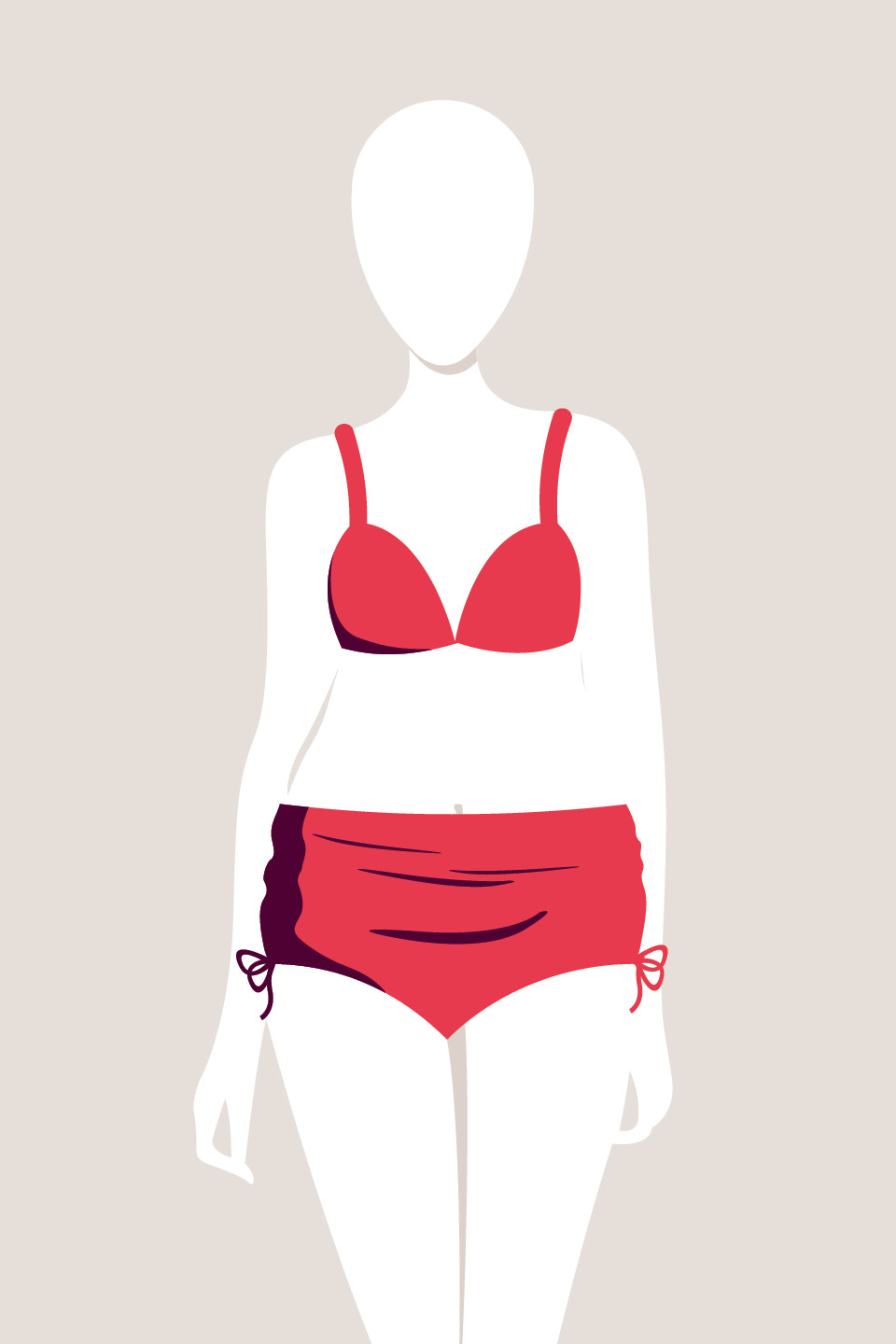 Immagine di un manichino che indossa un costume da bagno rosso a due pezzi. Il top ha spalline sottili e il pantalone a vita alta ha lati arricciati con lacci. Lo sfondo è beige chiaro.