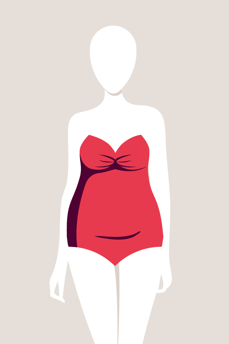 Illustrazione di una figura senza volto che indossa un costume da bagno rosso con scollo a cuore. Lo sfondo è beige chiaro.