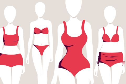 Immagine di quattro manichini senza volto che indossano diversi tipi di costumi da bagno rossi. Gli stili includono un due pezzi con top corto, un bikini, un costume intero e un due pezzi con slip a vita alta. Sfondo neutro.