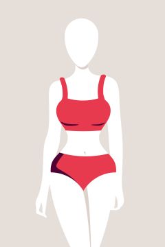Illustrazione di una figura senza volto che indossa un costume da bagno rosso a due pezzi su uno sfondo semplice. Il design è minimalista e stilizzato.