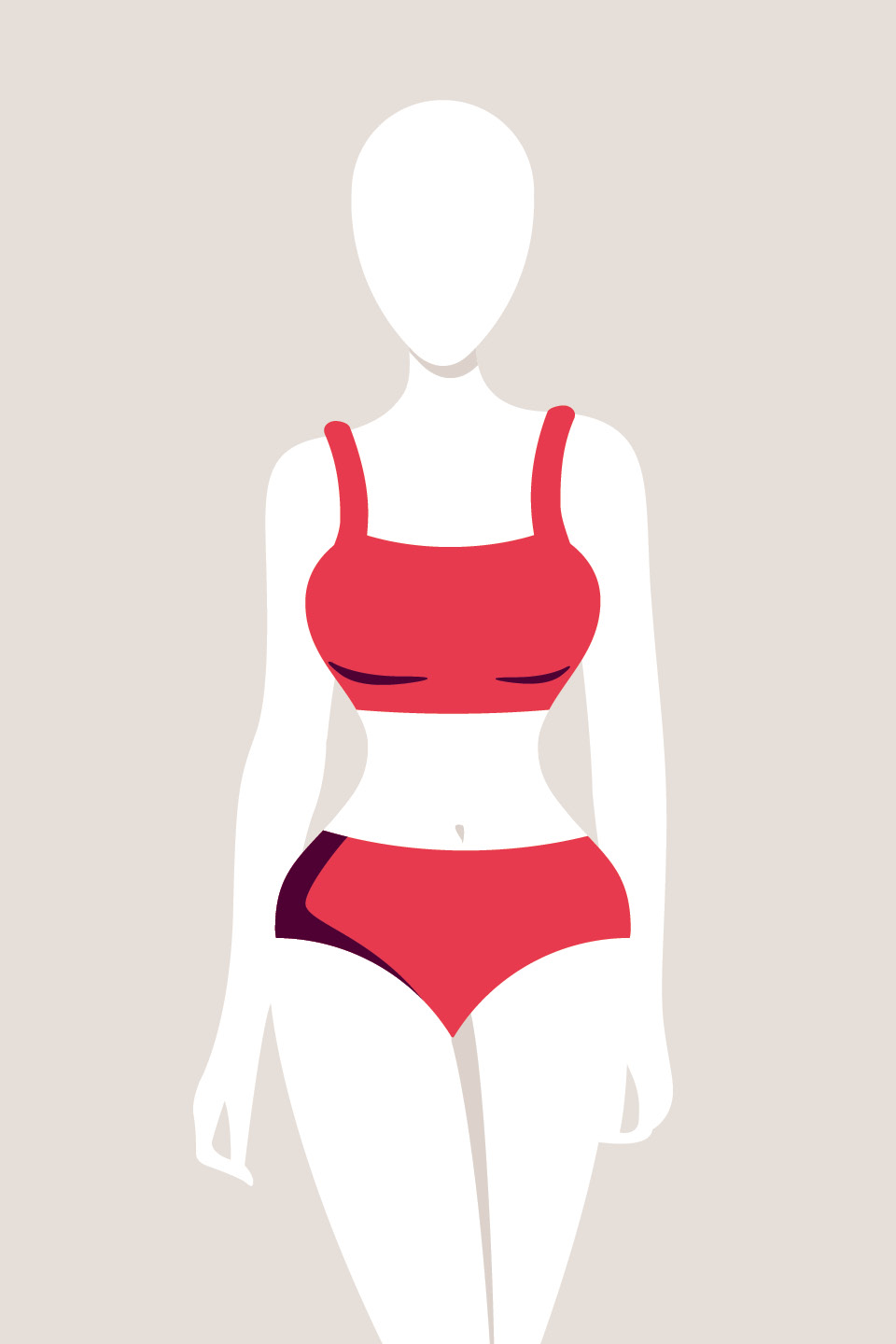 Illustrazione di una figura senza volto che indossa un costume da bagno rosso a due pezzi su uno sfondo semplice. Il design è minimalista e stilizzato.