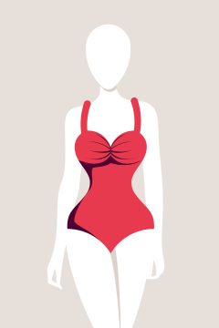 Illustrazione di un manichino senza volto che indossa un costume da bagno rosso con volant, scollo a cuore e spalline larghe su uno sfondo beige.