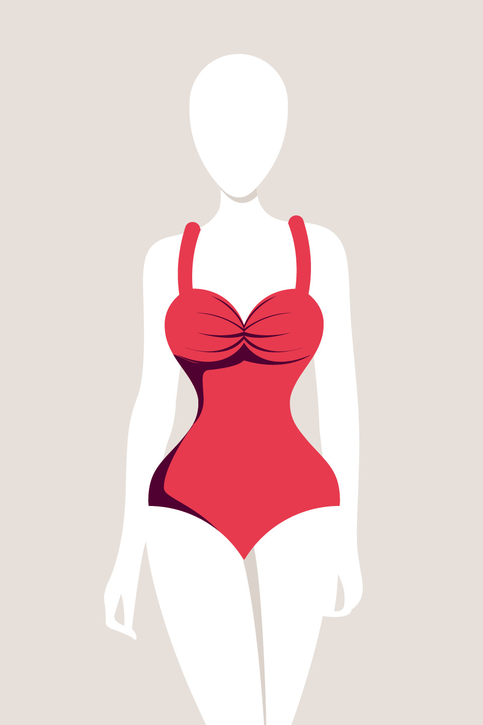 Illustrazione di un manichino senza volto che indossa un costume da bagno rosso con volant, scollo a cuore e spalline larghe su uno sfondo beige.