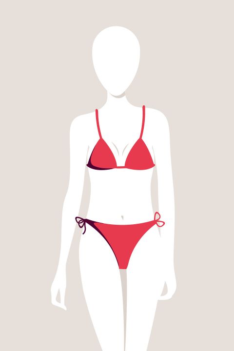 Illustrazione di una figura senza volto in bikini rosso con spalline sottili. La figura è in piedi davanti a un semplice sfondo beige, enfatizzando lo stile artistico minimalista.