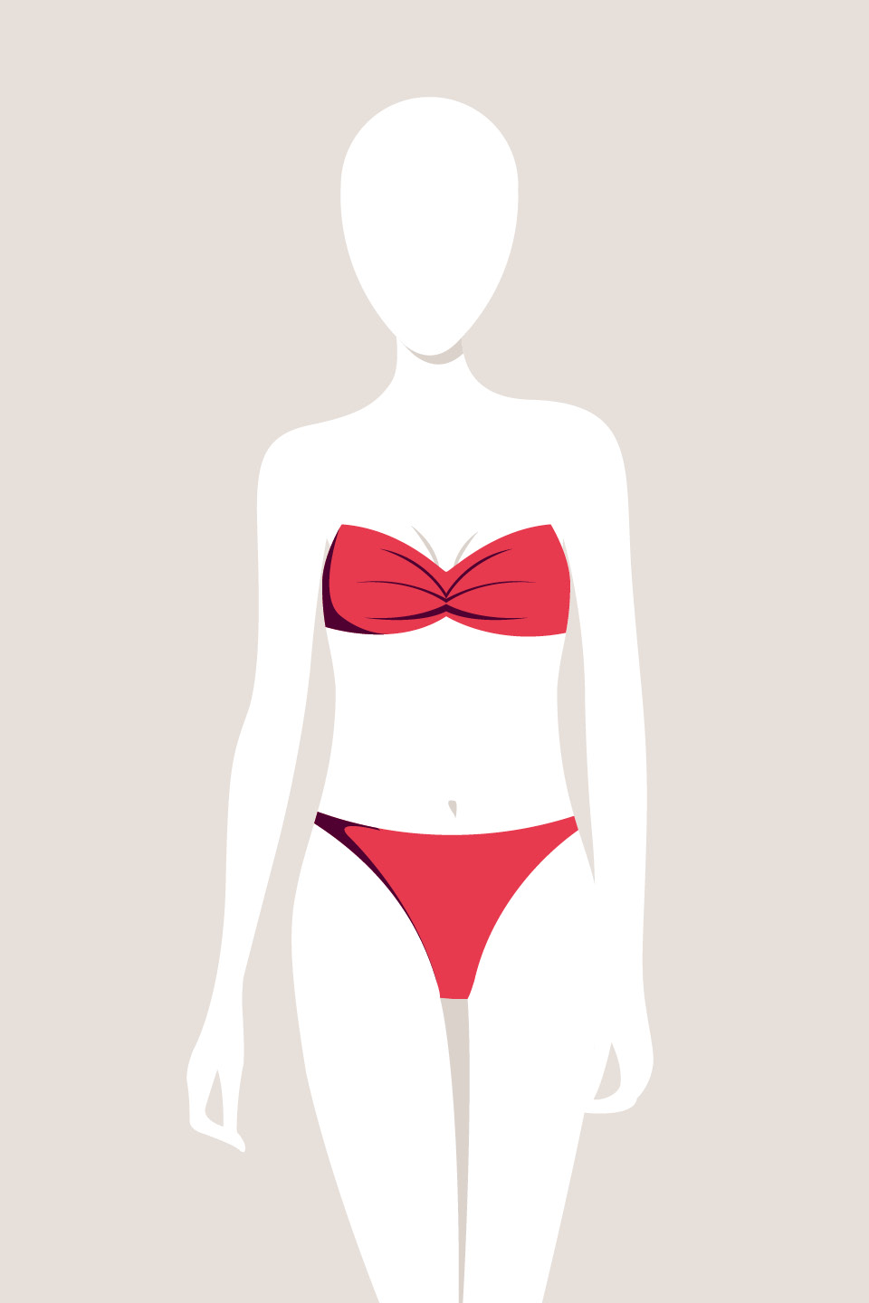 Illustrazione di una figura senza volto che indossa un bikini rosso su uno sfondo beige.
