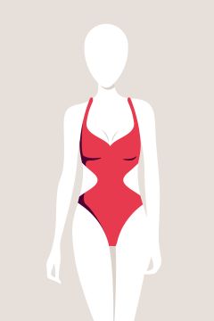 Illustrazione di una figura senza volto che indossa un costume da bagno rosso con aperture laterali su uno sfondo neutro.