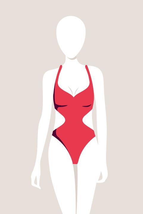 Illustrazione di una figura senza volto che indossa un costume da bagno rosso con aperture laterali su uno sfondo neutro.