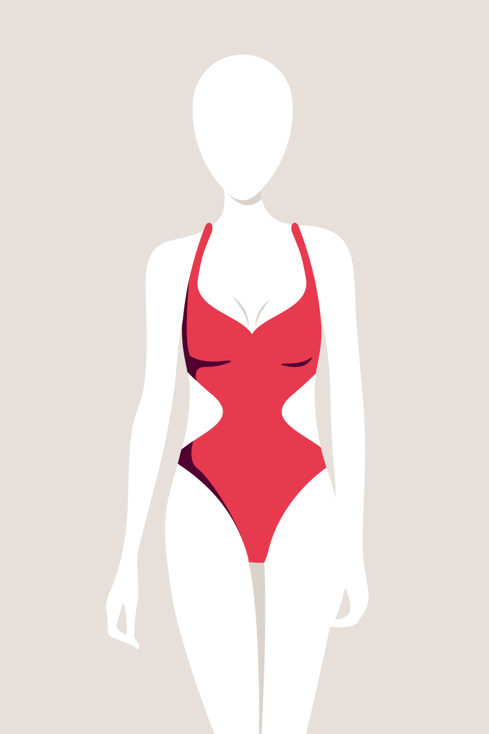 Illustrazione di una figura senza volto che indossa un costume da bagno rosso con aperture laterali su uno sfondo neutro.