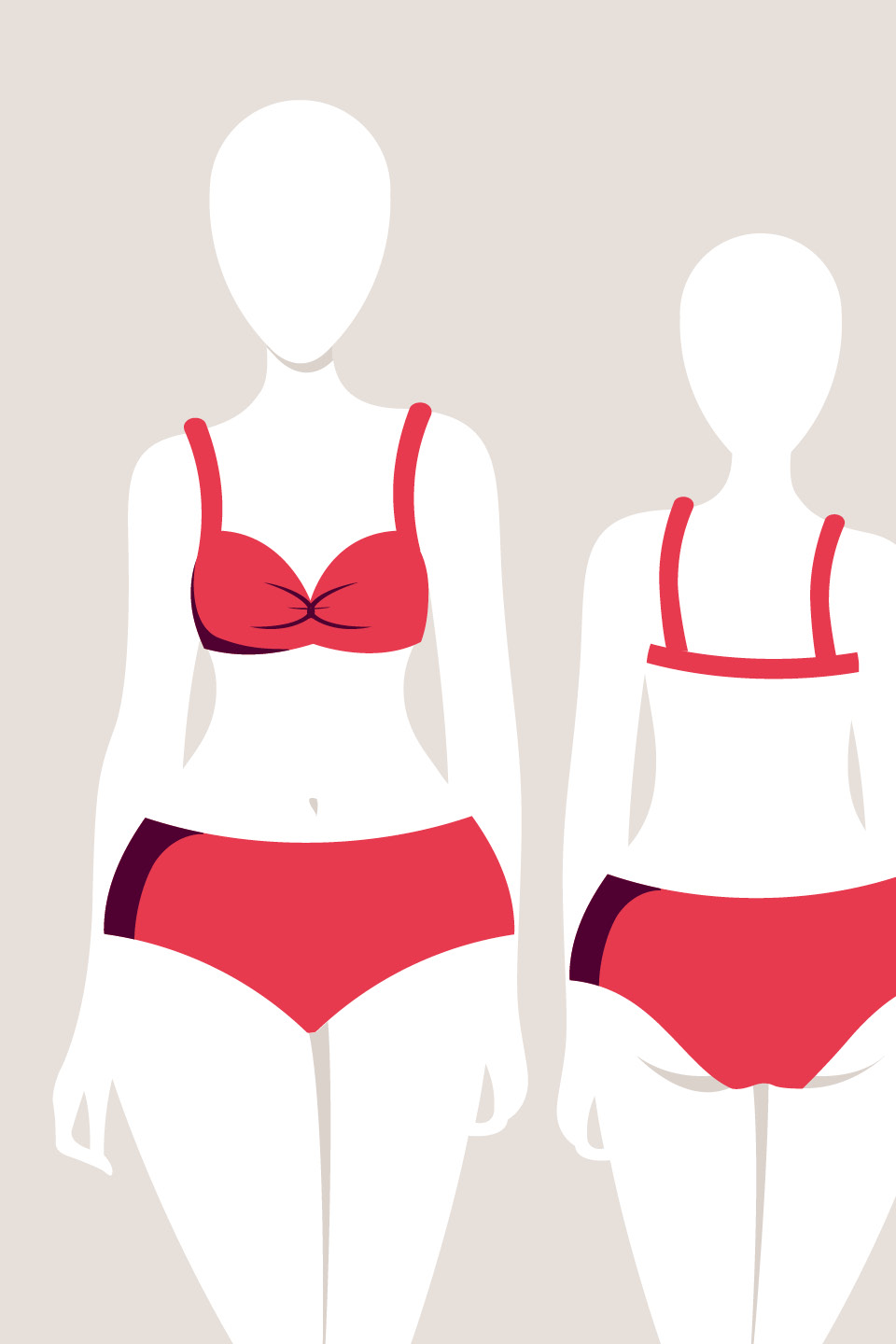 Immagine di due manichini che indossano costumi da bagno rossi in due pezzi. La figura a sinistra indossa un modello con top attorcigliato, mentre la figura a destra ha un design più semplice con top dritto. Entrambe indossano slip da bagno coordinati su uno sfondo beige.