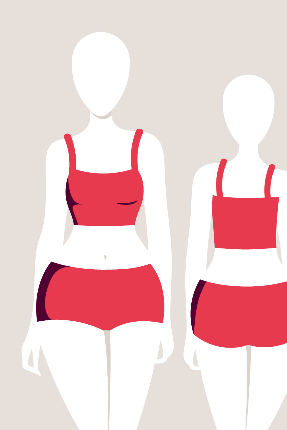 Illustrazione di due figure senza volto in costume da bagno rosso. La figura a sinistra ha una forma più curvilinea, mentre la figura a destra è più snella. Entrambe sono in piedi di fronte a uno sfondo semplice.