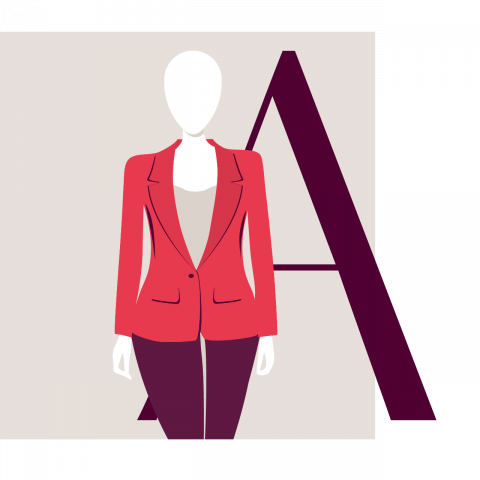 Illustrazione di una figura senza volto in blazer rosso e pantaloni scuri in piedi di fronte a una grande lettera "A" su sfondo beige.
