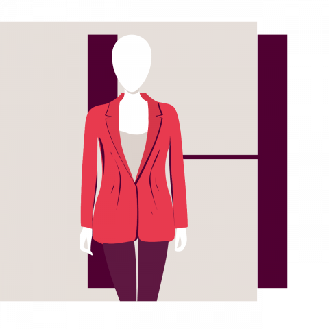 Illustrazione di una figura senza volto che indossa un blazer rosso e pantaloni scuri su uno sfondo geometrico con forme beige e viola scuro.