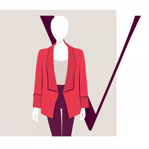 Un'illustrazione stilizzata di un manichino che indossa un blazer rosso sopra un top beige e pantaloni scuri. Sullo sfondo si vede una grande lettera "V" in viola scuro su uno sfondo quadrato beige.