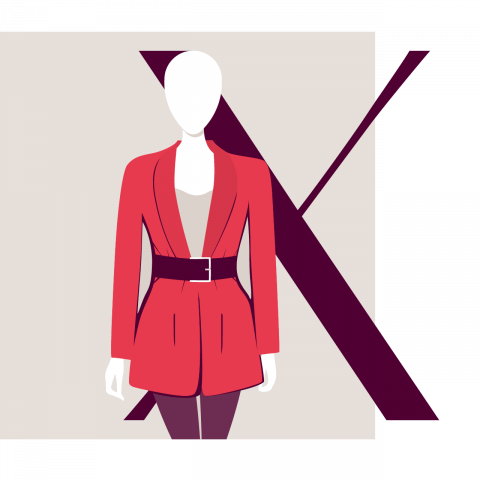 Immagine di un manichino senza volto che indossa un blazer rosso con cintura nera, su uno sfondo beige con una grande "X" rosso scuro dietro. Il design enfatizza l'audace ed elegante dichiarazione di moda del blazer.