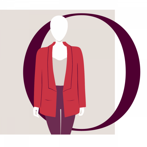 Un'illustrazione minimalista di una persona senza volto che indossa un blazer rosso e pantaloni viola. Lo sfondo presenta una grande lettera "O" marrone che copre parzialmente un quadrato beige.
