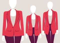 Illustration von drei gesichtslosen Figuren, die rote Blazer und dunkle Hosen mit beigen Oberteilen tragen. Der Hintergrund ist hellbeige. Die Blazer haben unterschiedliche Ärmellängen, was einen stylischen Look ergibt.