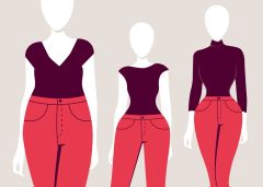Abbildung von drei gesichtslosen Figuren, die schwarze Oberteile und rote Hosen tragen. Die Ärmellänge der Oberteile variiert: kurze Ärmel, Flügelärmel und lange Ärmel von links nach rechts. Der Hintergrund ist hellbeige.
