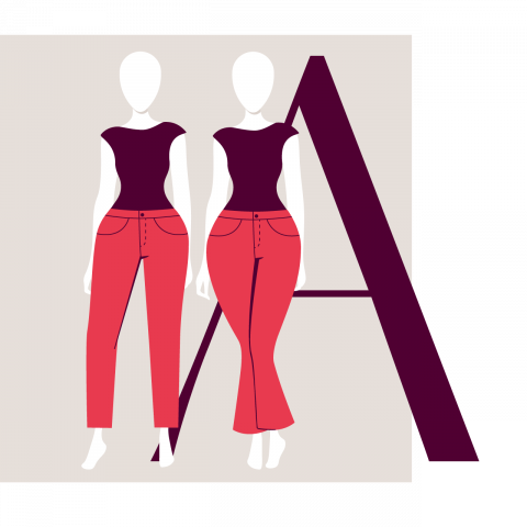 Illustrazione di due figure stilizzate con top scuri e pantaloni rossi a vita alta in piedi di fronte a una grande lettera "A". Una figura indossa pantaloni a gamba dritta e l'altra pantaloni a zampa d'elefante.