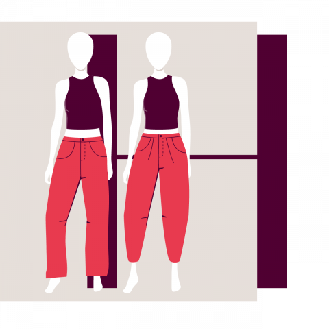 Illustrazione di due manichini senza volto che indossano top neri senza maniche e pantaloni rossi a vita alta. Sono in piedi davanti a uno sfondo geometrico beige e bordeaux.