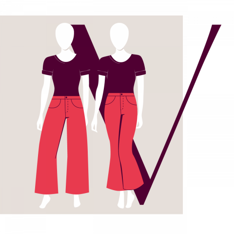 Illustrazione di due manichini senza volto che indossano top neri e pantaloni rossi. Un manichino indossa pantaloni larghi, l'altro pantaloni dritti e attillati. Lo sfondo presenta motivi geometrici stilizzati in rosso scuro e beige.