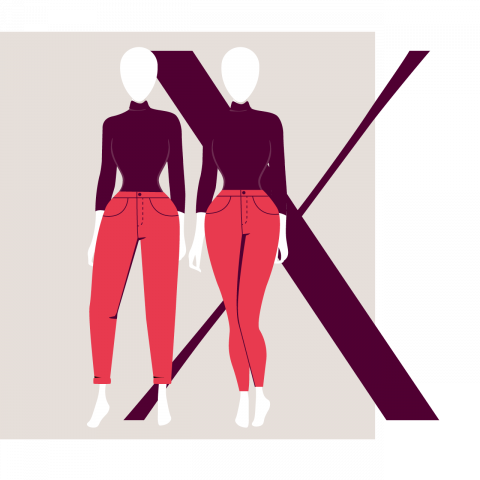 Illustrazione di due figure stilizzate con diverse forme del corpo, che indossano top color castagna e pantaloni rossi, in piedi davanti a una grande lettera "X" color marrone scuro su uno sfondo beige.