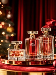 Tre eleganti flaconi di profumo con tappi dorati sono disposti su un vassoio rotondo dorato. I flaconi sono di diverse dimensioni e contengono un liquido rosso. Sullo sfondo si intravedono tende rosse e un albero di Natale sfocato con luci, che creano un'atmosfera festosa.